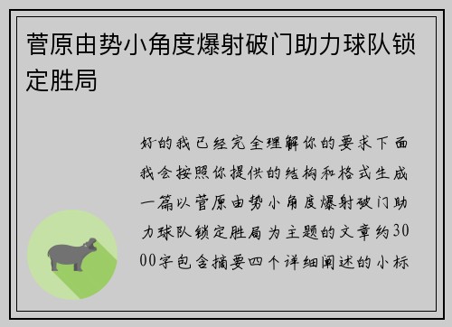 菅原由势小角度爆射破门助力球队锁定胜局